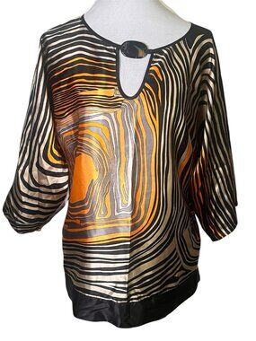 Vintage Kaelyn-Max 2000s Satin Blouse Sz M Topographic Swirl Ring Keyhole 3/4